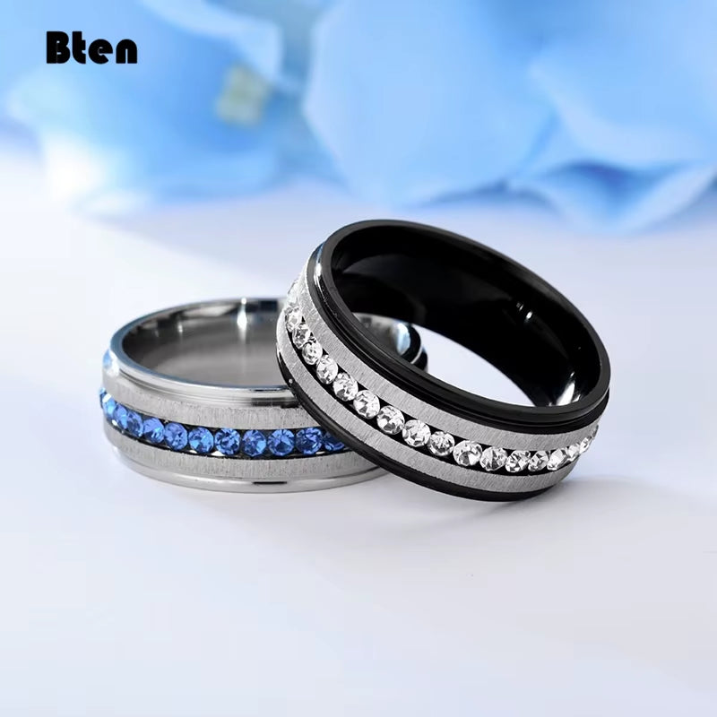 Bten Charming Trendy Blue Full Crystal Stainless Steel Women Lady Girl Party Rings Engagement 8Mm Rings Fashion Jewelry