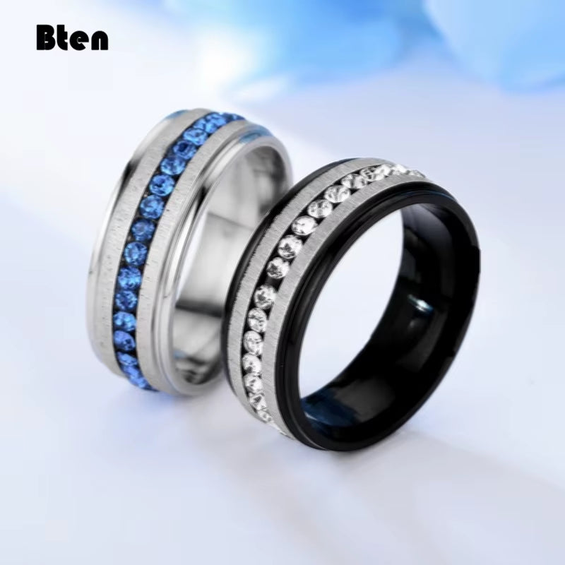 Bten Charming Trendy Blue Full Crystal Stainless Steel Women Lady Girl Party Rings Engagement 8Mm Rings Fashion Jewelry