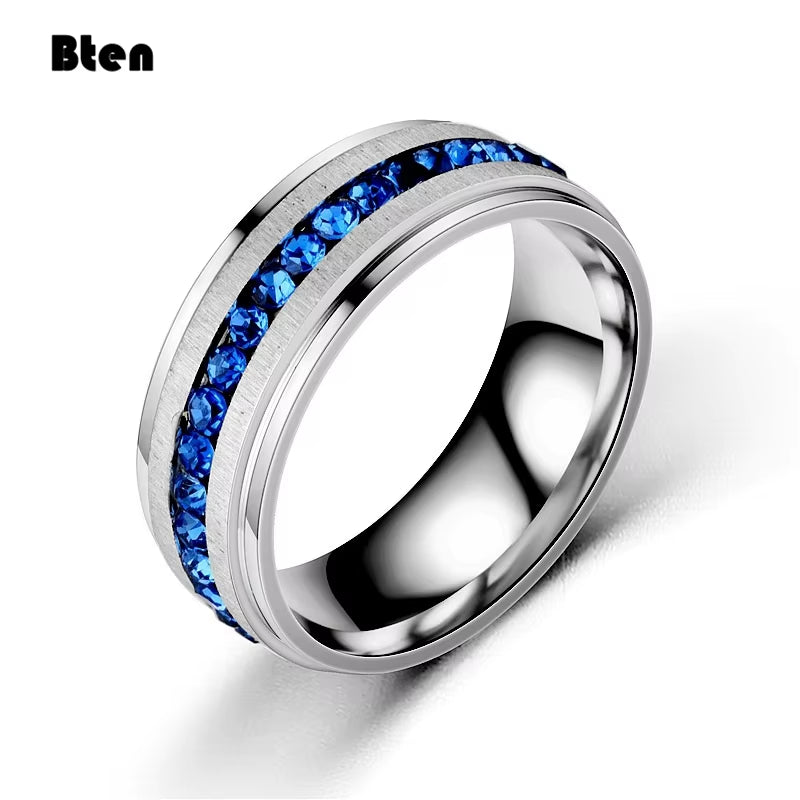 Bten Charming Trendy Blue Full Crystal Stainless Steel Women Lady Girl Party Rings Engagement 8Mm Rings Fashion Jewelry