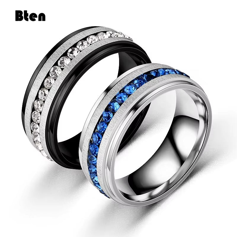 Bten Charming Trendy Blue Full Crystal Stainless Steel Women Lady Girl Party Rings Engagement 8Mm Rings Fashion Jewelry