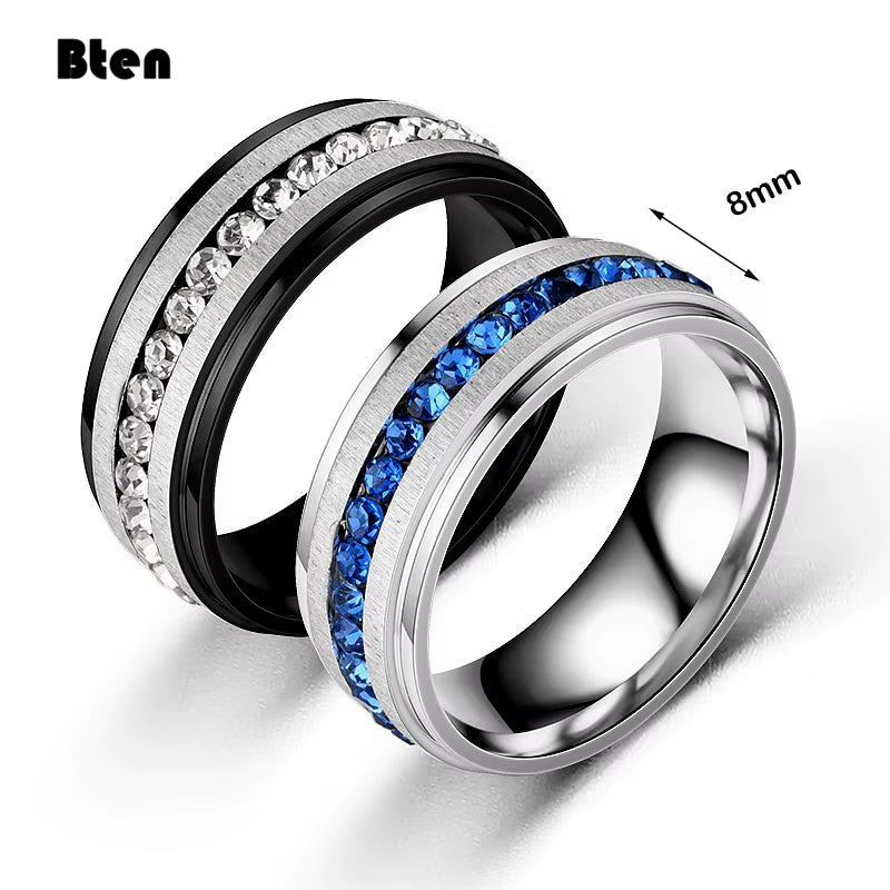 Bten Charming Trendy Blue Full Crystal Stainless Steel Women Lady Girl Party Rings Engagement 8Mm Rings Fashion Jewelry