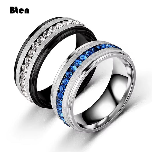 Bten Charming Trendy Blue Full Crystal Stainless Steel Women Lady Girl Party Rings Engagement 8Mm Rings Fashion Jewelry